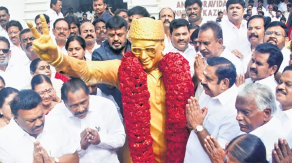 AIADMK leaders offering floral tributes at the statue of MGR on his 108th birth anniversary.