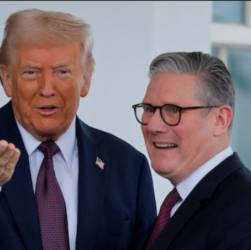 A symbolic representation of the US-UK economic deal, showcasing elements of trade including cars, steel, planes, and agriculture with the flags of the US and the UK.