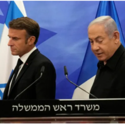 French President Emmanuel Macron and Israeli Prime Minister Benjamin Netanyahu during a press conference amid rising calls for an end to the Gaza offensive.