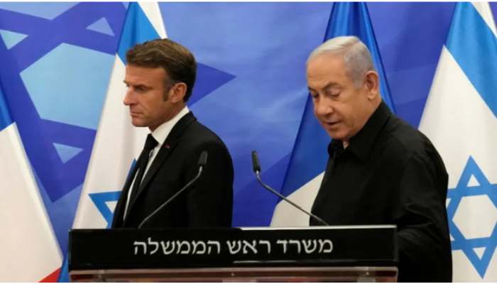French President Emmanuel Macron and Israeli Prime Minister Benjamin Netanyahu during a press conference amid rising calls for an end to the Gaza offensive.