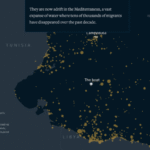 Map of the Mediterranean showing migrant deaths and disappearances since 2015, with clusters near Libya and Lampedusa.
