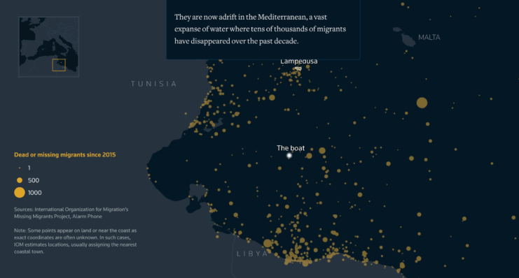 Map of the Mediterranean showing migrant deaths and disappearances since 2015, with clusters near Libya and Lampedusa.