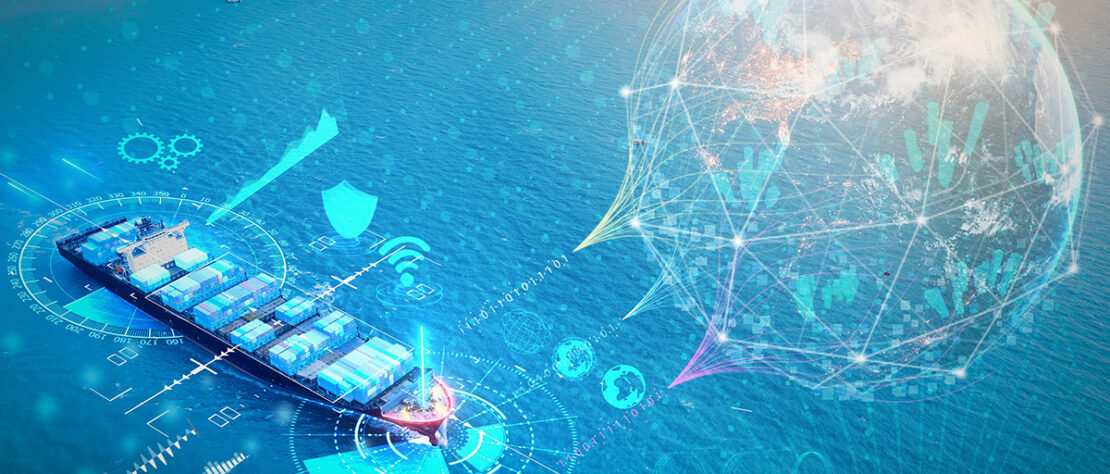Cargo ships at a smart digital port using blockchain, IoT and big data technologies to enhance global maritime logistics.