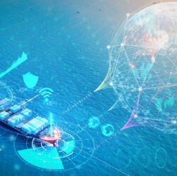 Cargo ships at a smart digital port using blockchain, IoT and big data technologies to enhance global maritime logistics.