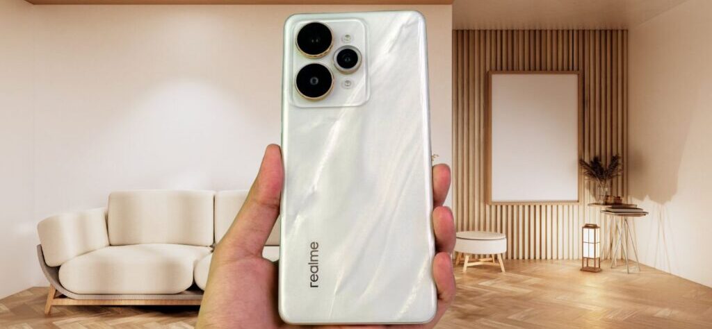 Leaked Realme 16 Pro+ smartphone showing flat display and square rear camera module design in Master Grey colour