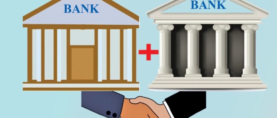 Graphic showing Indian PSU banks likely to merge in the next consolidation phase, including Indian Overseas Bank, Central Bank of India, UCO Bank, Bank of India and Bank of Maharashtra with possible acquiring banks like SBI, PNB and Bank of Baroda.
