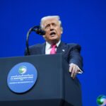 Former President Donald Trump speaking at a political event after accusing Democratic lawmakers of seditious behavior.