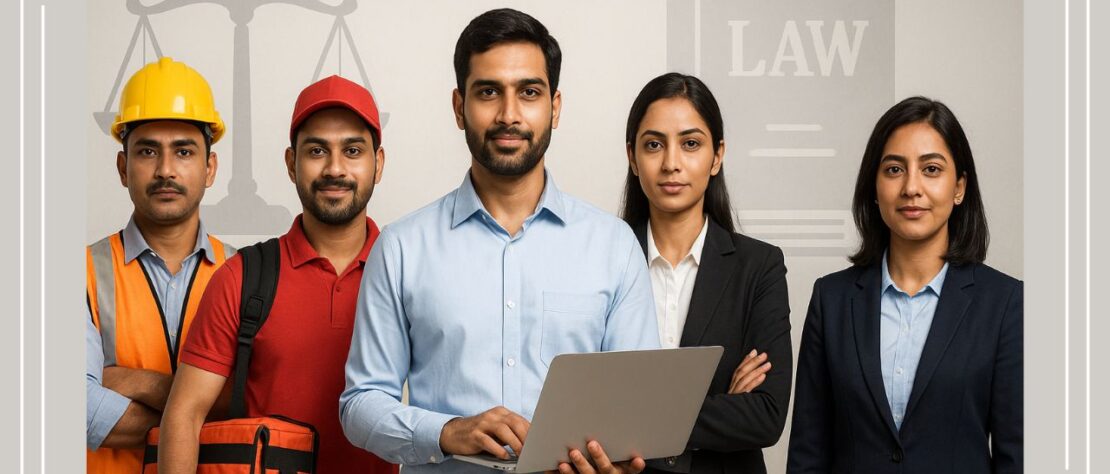 Infographic showing India’s four labour codes focusing on simplified compliance, expanded social security, uniform wage rules and modern workplace safety