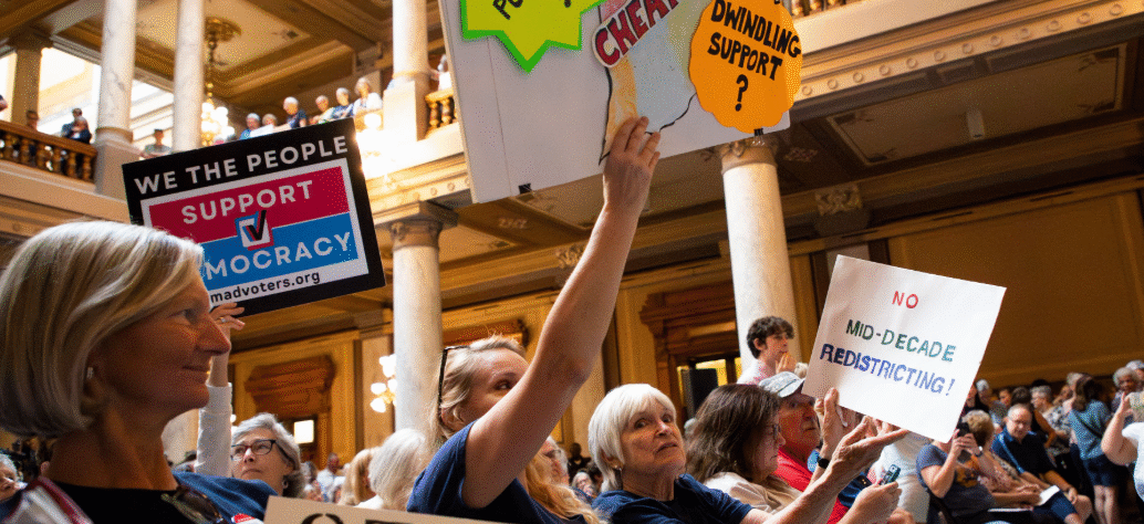 Indiana State Senate voting board displaying final redistricting vote results at the Indiana Statehouse in Indianapolis