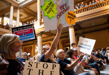 Indiana State Senate voting board displaying final redistricting vote results at the Indiana Statehouse in Indianapolis