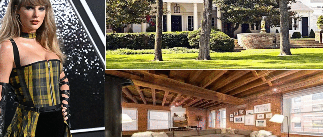 Taylor Swift’s luxury real estate portfolio including NYC penthouses, Rhode Island beachfront estate, and Nashville Music Row home.