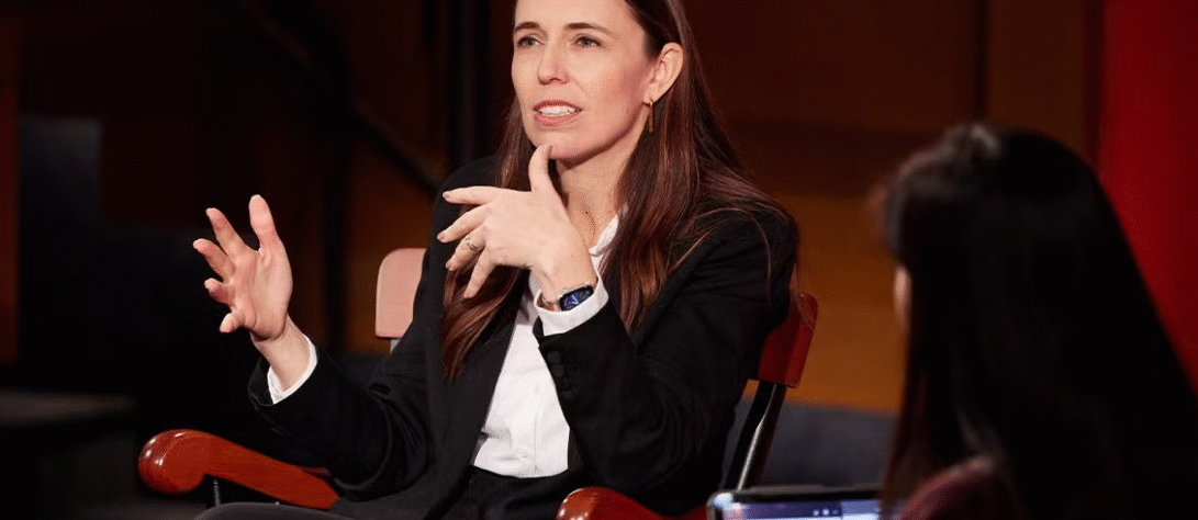 Jacinda Ardern speaking at a leadership event