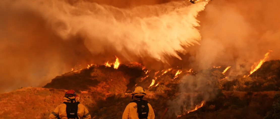 A composite photo illustration showing devastating climate disasters in 2025, including severe floods, raging wildfires, powerful cyclones, and global protests demanding climate justice.