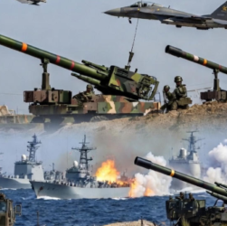 Chinese military warships and fighter jets conducting live-fire drills during Justice Mission 2025 exercises around Taiwan.