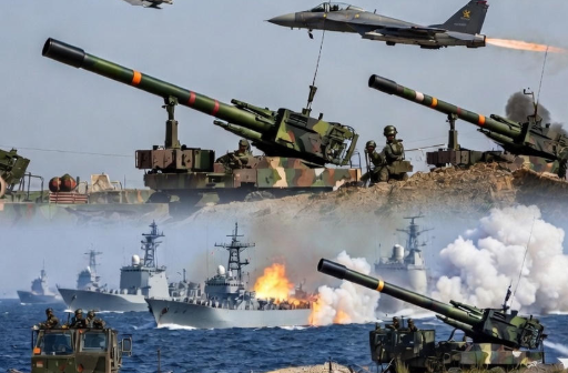 Chinese military warships and fighter jets conducting live-fire drills during Justice Mission 2025 exercises around Taiwan.