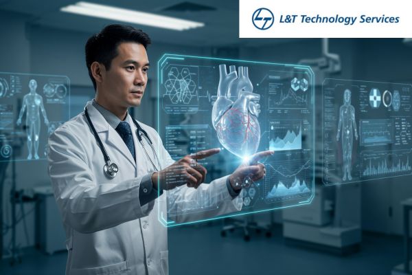 AI-powered digital twin of human lungs displayed on a screen, highlighting airways, blood vessels, lung lobes, and lesions for diagnostic and bronchoscopy navigation purposes.