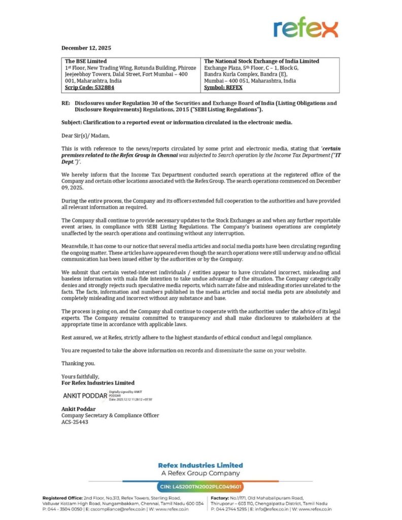 Refex Group office building as the company issues an official clarification on Income Tax search operations.