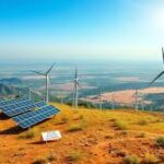 Solar panels and wind turbines representing renewable energy as a key driver of economic growth, industrial expansion, and national energy security.