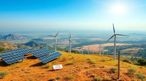Solar panels and wind turbines representing renewable energy as a key driver of economic growth, industrial expansion, and national energy security.
