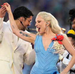 Lady Gaga performs a salsa-inspired duet with Bad Bunny during the Super Bowl LX halftime show at Levi’s Stadium in Santa Clara.