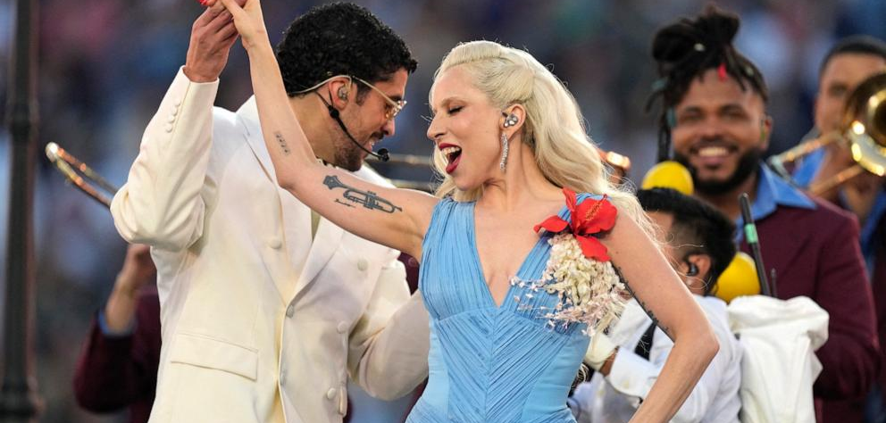 Lady Gaga performs a salsa-inspired duet with Bad Bunny during the Super Bowl LX halftime show at Levi’s Stadium in Santa Clara.